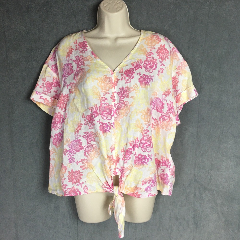 Charter‎ Club Luxury Linen Top L Floral Tie Front Blouse Colorful Summer Travel